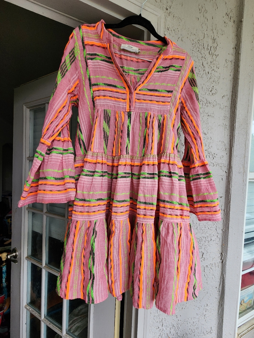 Devotion Twins Pink Tiered Striped Midi Dress with Neon Accents B12 - Picture 3 of 7